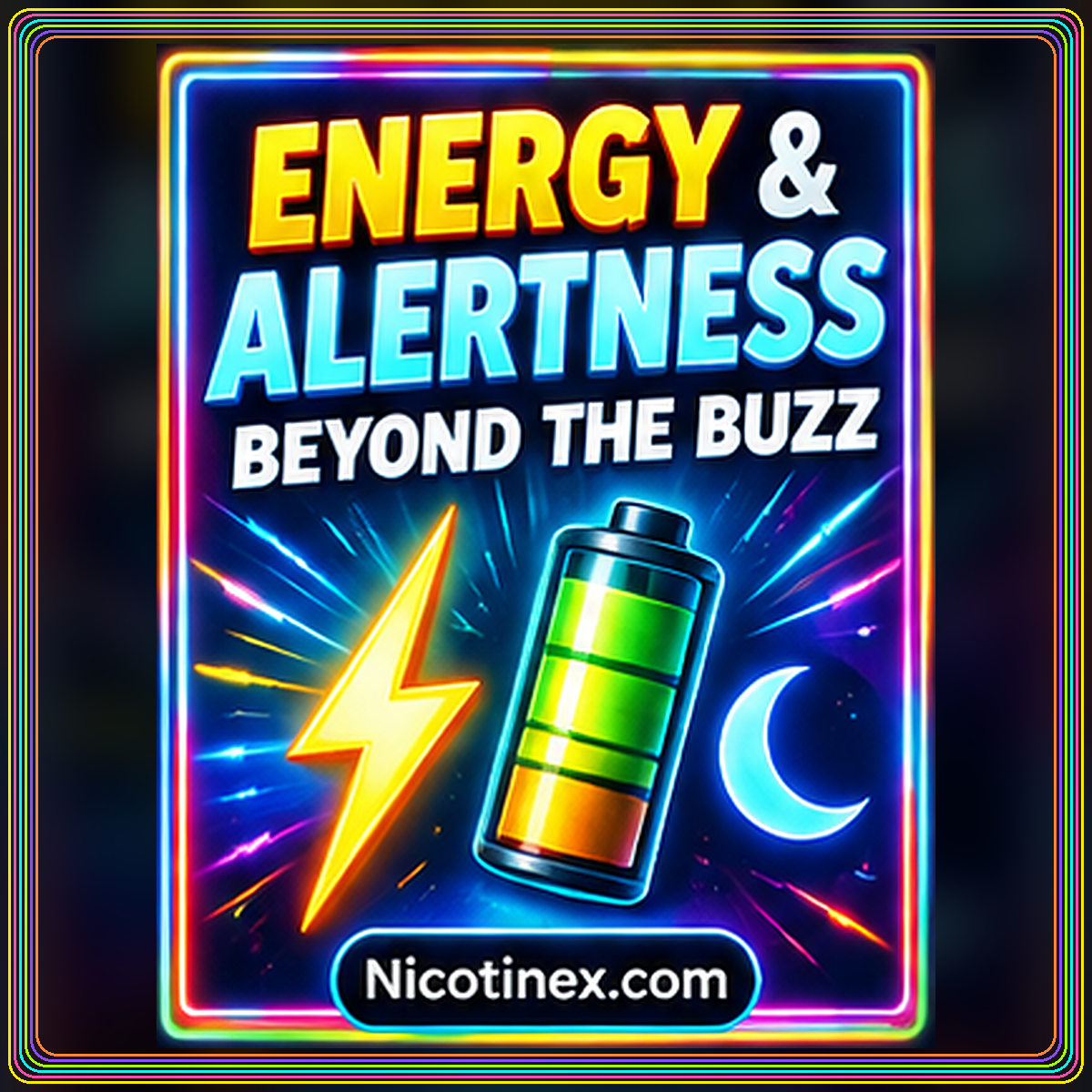 Neon energy and alertness card with a battery, lightning bolt, and multicolor pinstripe border