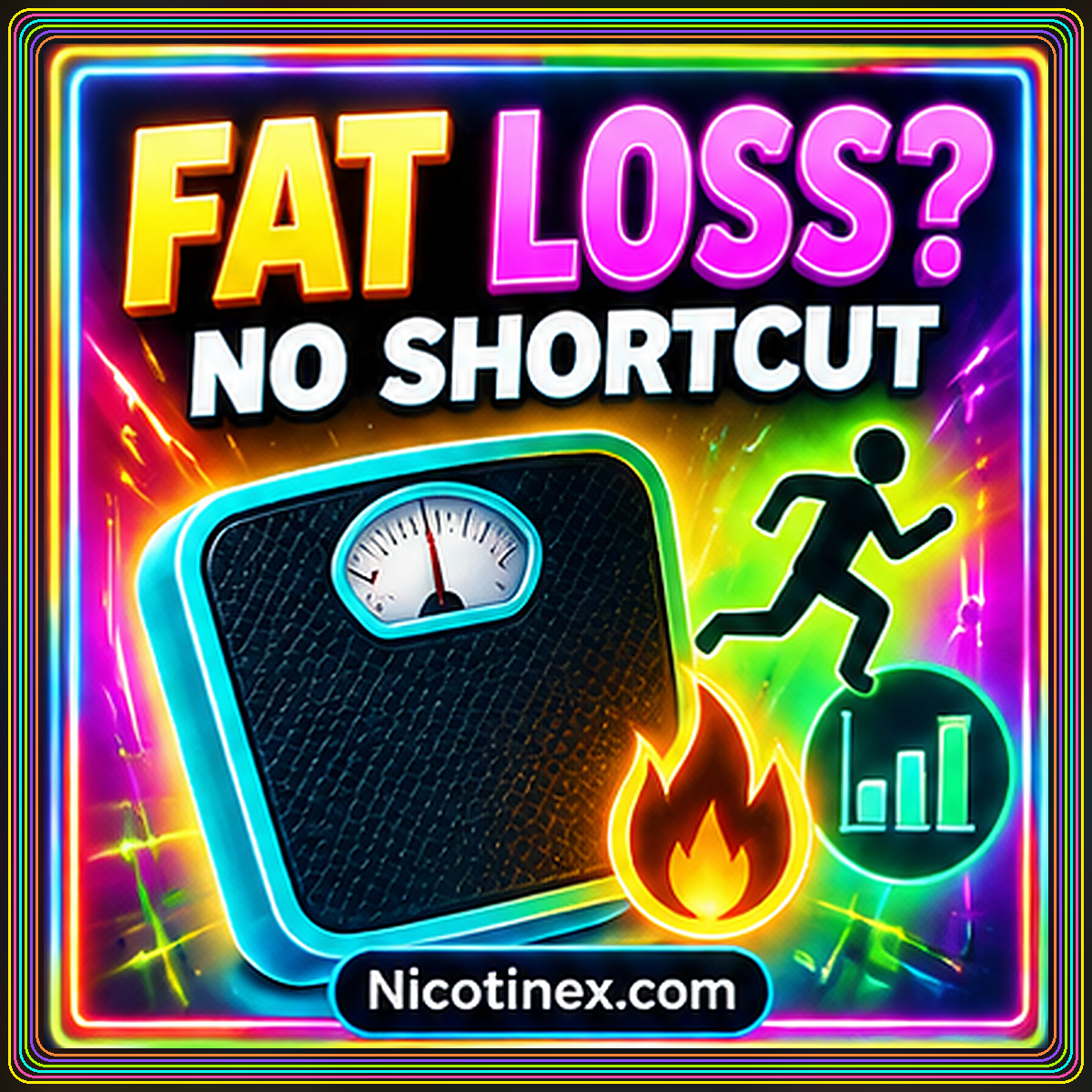 Neon fat loss question card reading No Shortcut with a scale and fitness icons in a rainbow frame