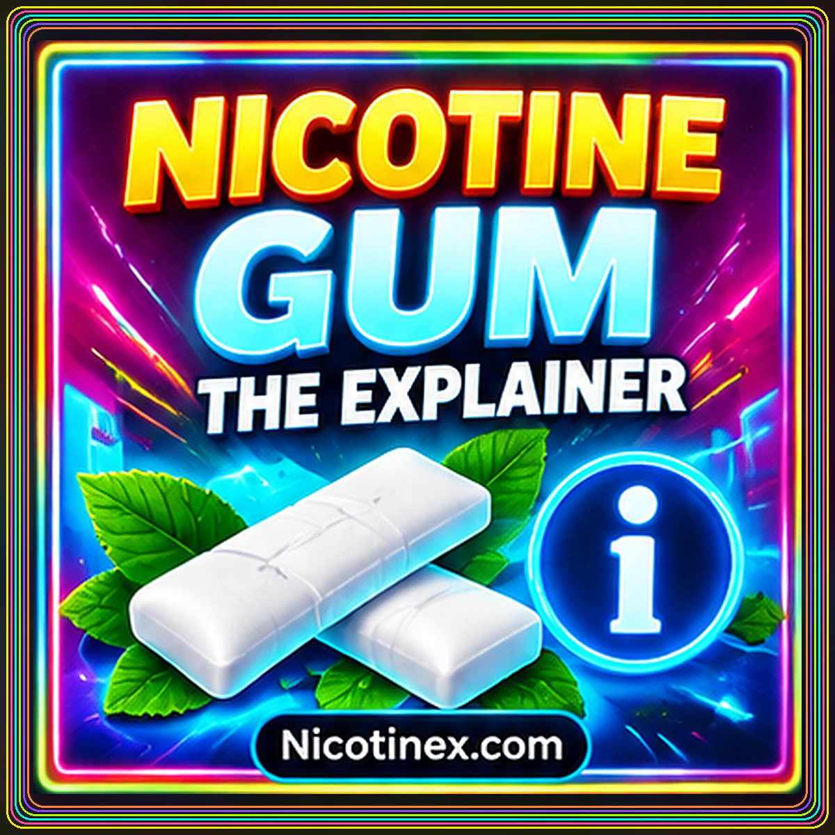 Neon nicotine gum explainer card with illustrated gum and a multicolor pinstripe border