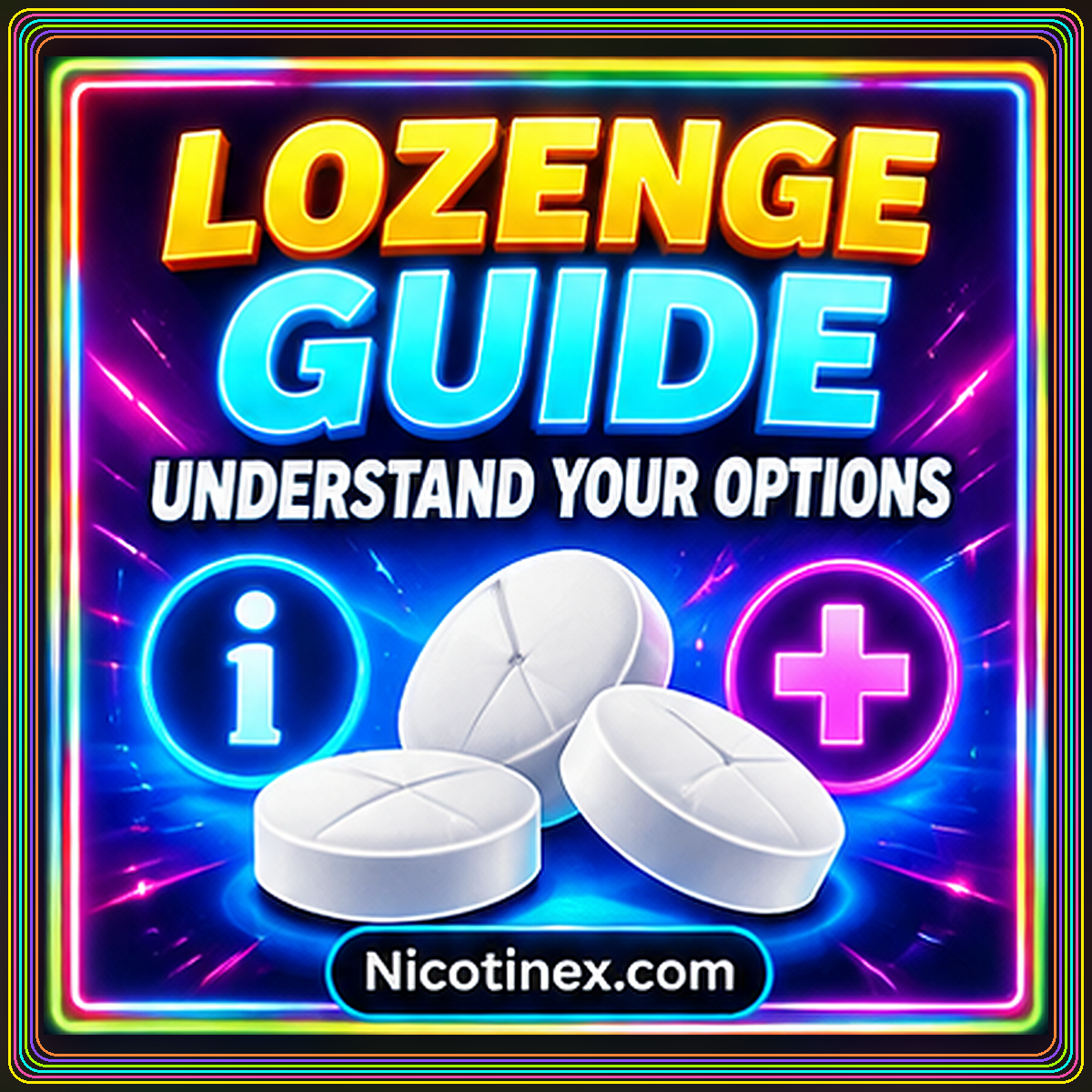 Neon nicotine lozenge guide card with illustrated lozenges, medical icons, and rainbow pinstripes