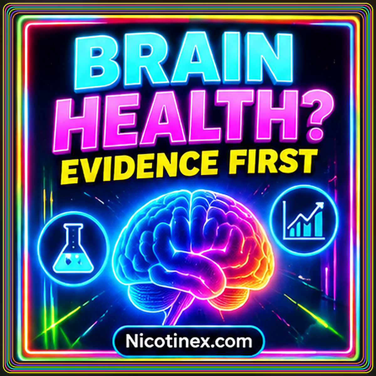 Neon brain health evidence-first card with a rainbow brain illustration and multicolor pinstripe frame