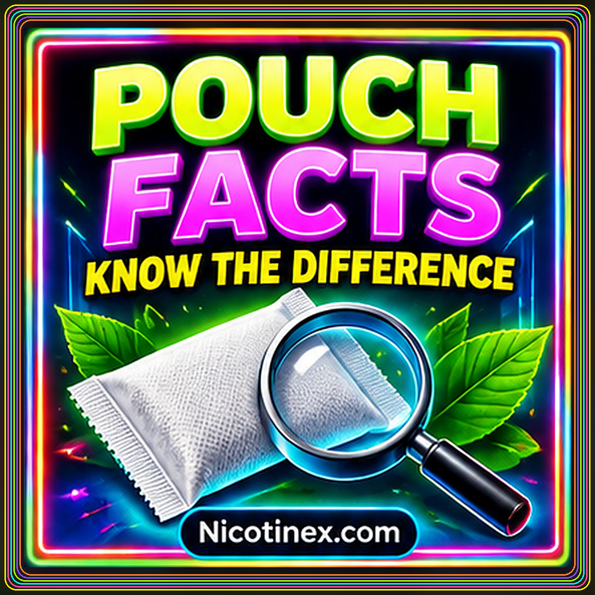 Neon pouch facts card with a magnifying glass and nicotine pouch illustration inside rainbow borders