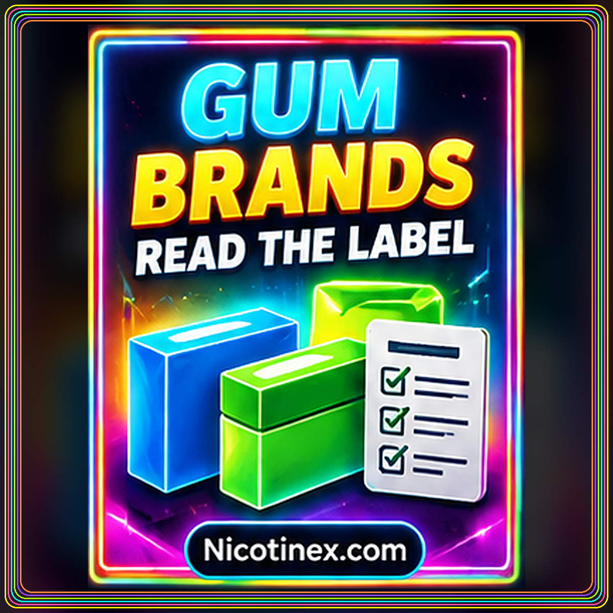 Neon gum brands card with generic medicine boxes and a label checklist inside rainbow borders