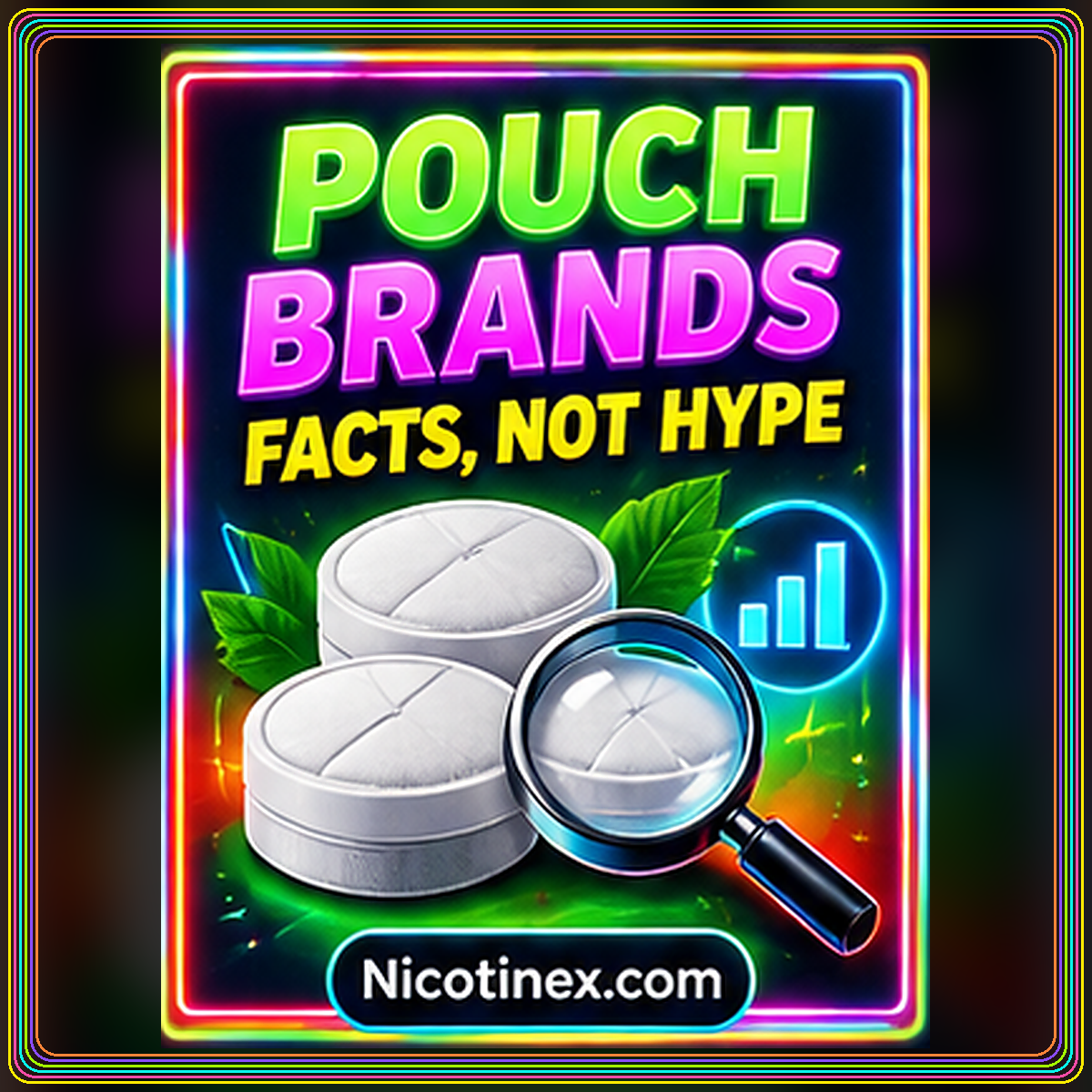 Neon pouch brands facts-not-hype card with generic containers, a magnifier, and rainbow pinstripes